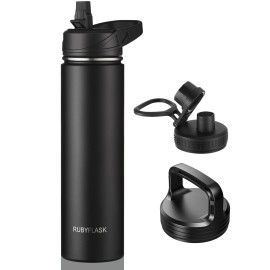 RUBYFLASK 24oz Insulated Water Bottle with Straw, Stainless Steel Metal Vacuum Water Flask, Large Thermal Water bottle with Leakproof 3 Lids for Travel, Camping, Gym Sports Black