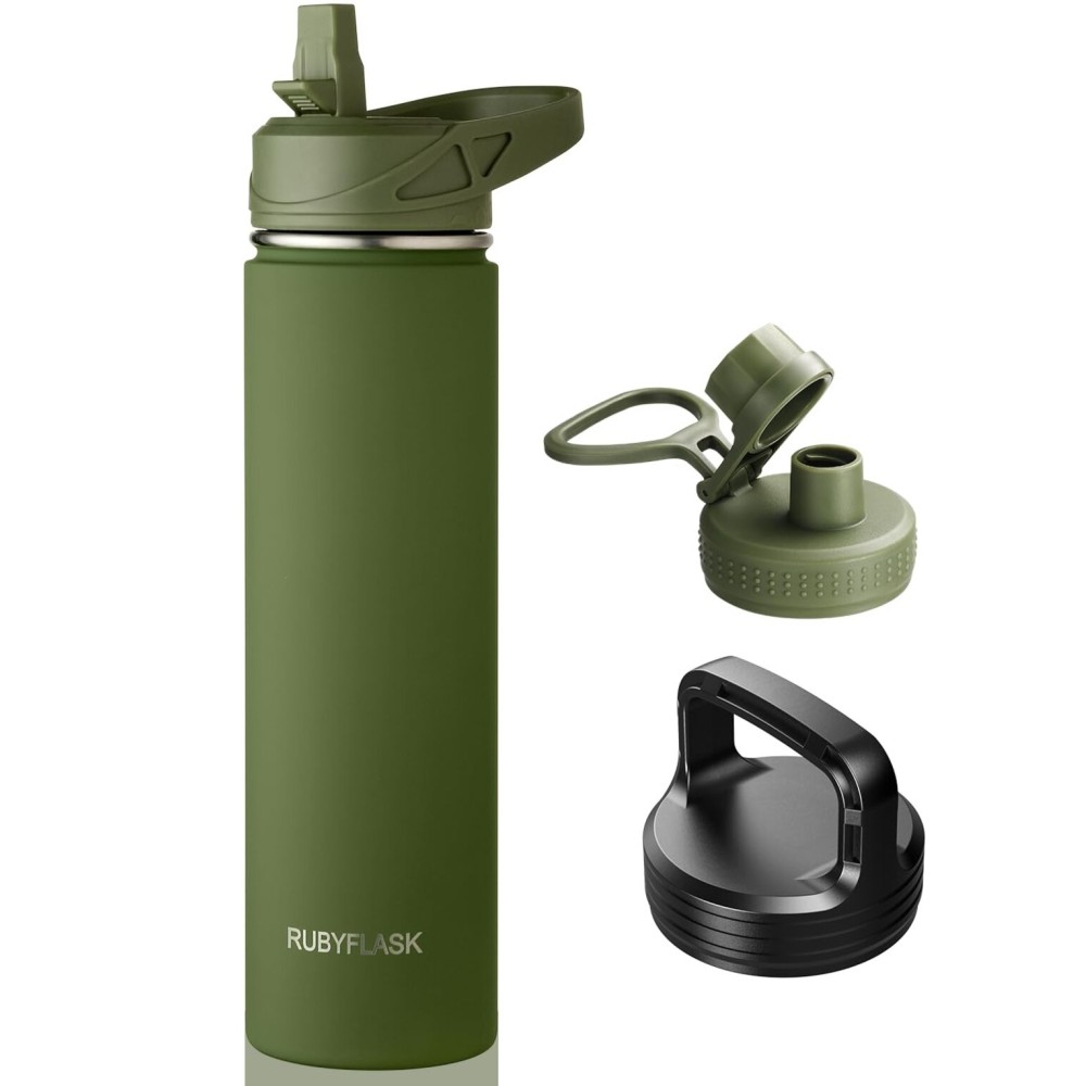 RUBYFLASK 24oz Insulated Water Bottle with Straw, Stainless Steel Metal Vacuum Water Flask, Large Thermal Water bottle with Leakproof 3 Lids for Travel, Camping, Gym Sports Armygreen