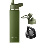 RUBYFLASK 24oz Insulated Water Bottle with Straw, Stainless Steel Metal Vacuum Water Flask, Large Thermal Water bottle with Leakproof 3 Lids for Travel, Camping, Gym Sports Armygreen
