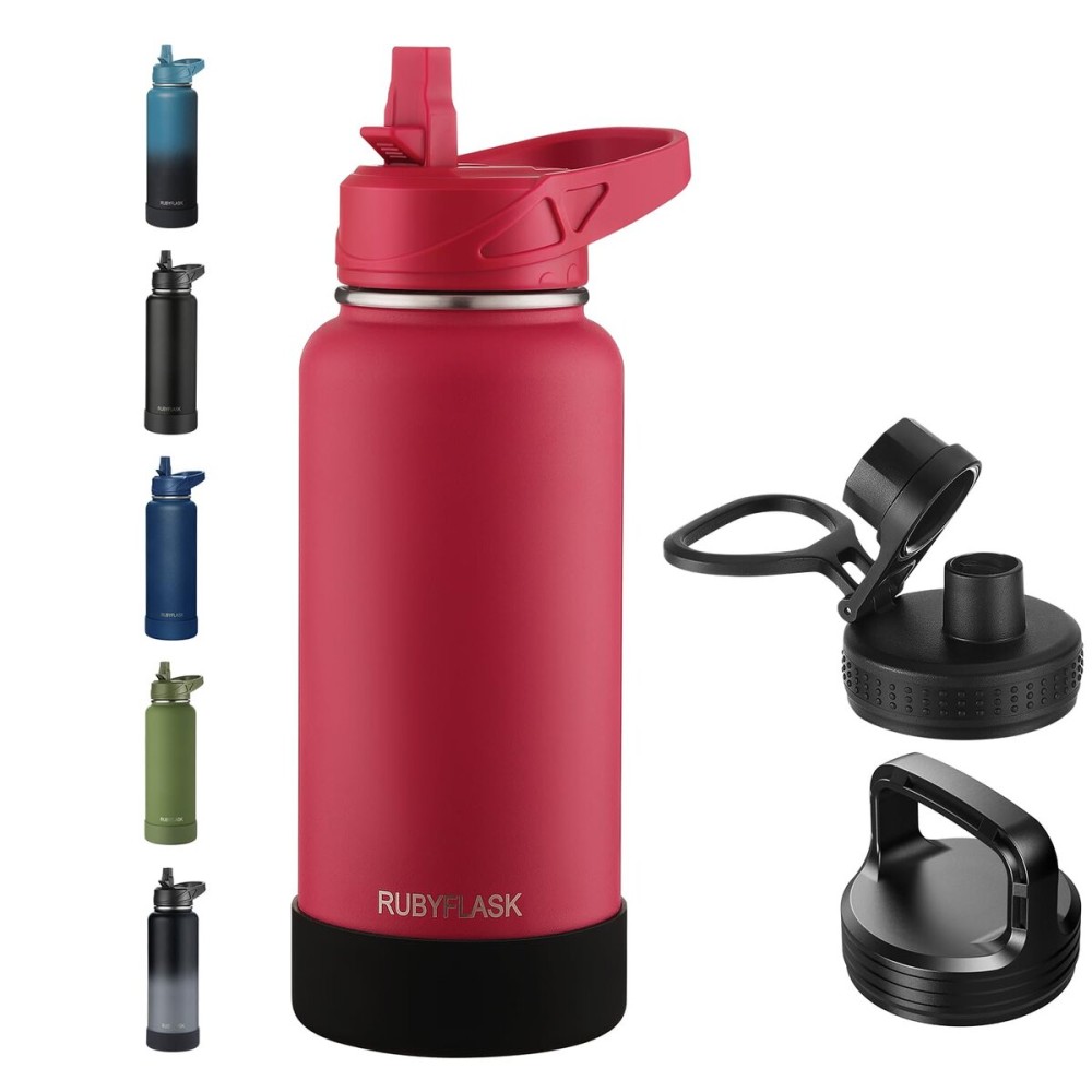 RUBYFLASK 32oz Insulated Water Bottle with Straw, Stainless Steel Metal Vacuum Water Flask, Large Thermal Water bottle with Leakproof 3 Lids for Travel, Camping, Gym Sports Red