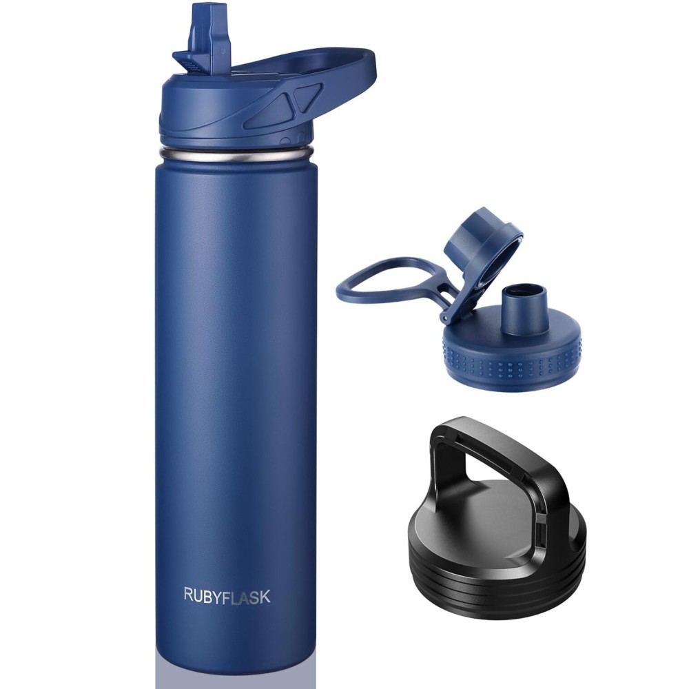 RUBYFLASK 24oz Insulated Water Bottle with Straw, Stainless Steel Metal Vacuum Water Flask, Large Thermal Water bottle with Leakproof 3 Lids for Travel, Camping, Gym Sports Navy