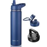RUBYFLASK 24oz Insulated Water Bottle with Straw, Stainless Steel Metal Vacuum Water Flask, Large Thermal Water bottle with Leakproof 3 Lids for Travel, Camping, Gym Sports Navy