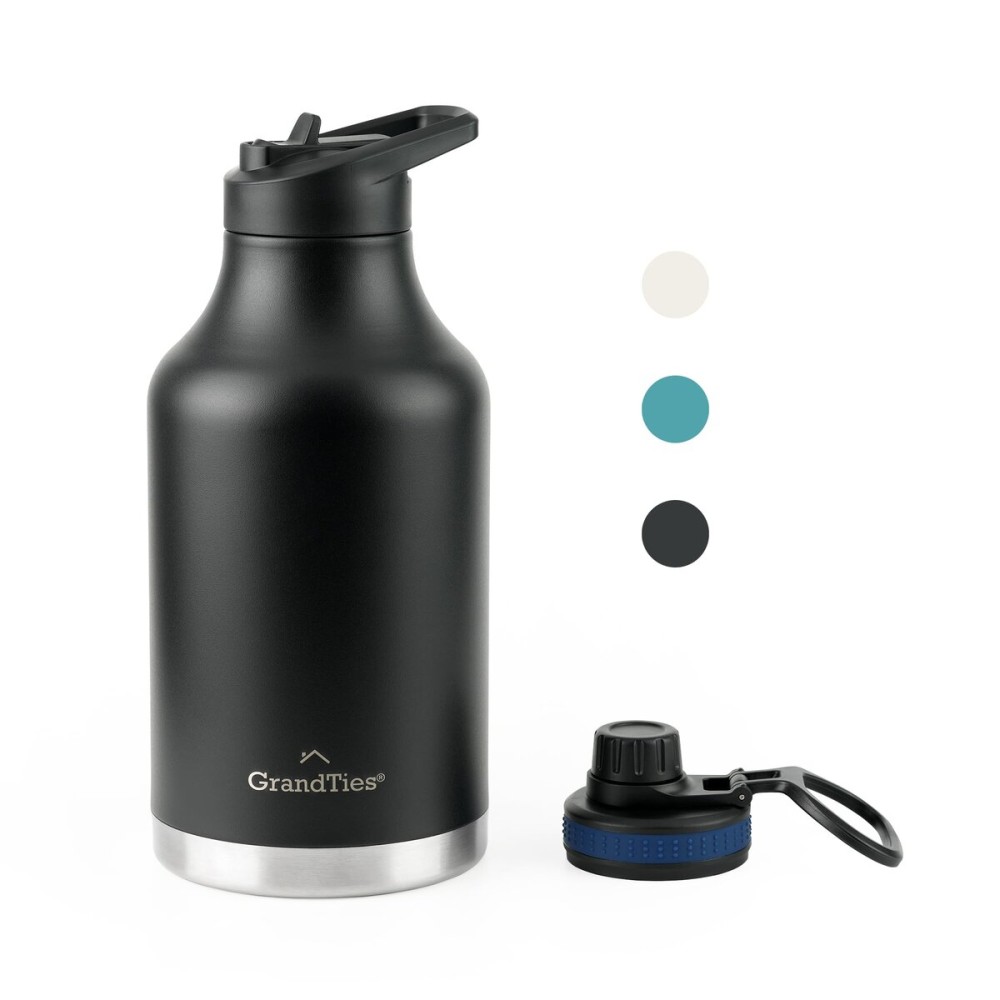 GRANDTIES 2 Lids Sports Stainless Steel Water Bottles - Wide Mouth Vacuum Insulated Reusable Leak Proof BPA-Free Travel Metal Canteen, Thermal Bottles for Men Women Gym (Midnight Black 64 oz)