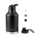 GRANDTIES 2 Lids Sports Stainless Steel Water Bottles - Wide Mouth Vacuum Insulated Reusable Leak Proof BPA-Free Travel Metal Canteen, Thermal Bottles for Men Women Gym (Midnight Black 64 oz)