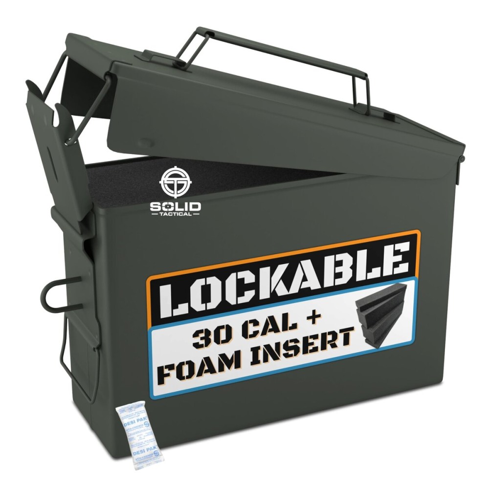 Solid Tactical Lockable 30 Cal Metal Ammo Storage Box Green - Military & Army Steel Ammo Can for Ammunition Storage with Foam - Waterproof Ammo Crate Utility Box