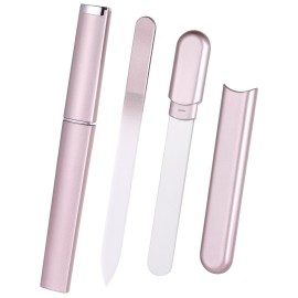 Glass Nail File and Buffer with Case, Crystal Fingernail Files for Natural Nails Nano Nail Shiner Polisher Care Kit for Travel Salon Stocking Stuffers for Women Girl Wife Gifts-Rose Gold