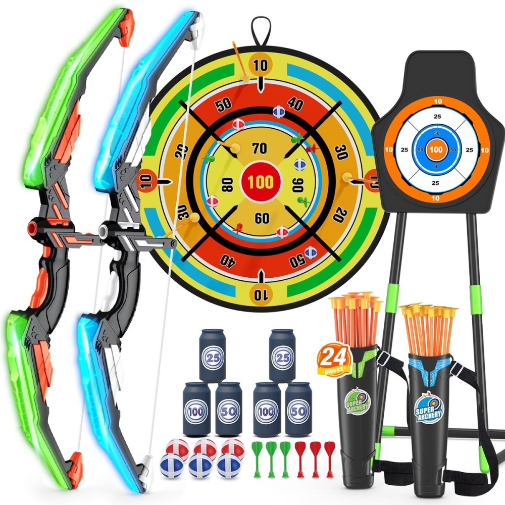 HYES 2 Pack Kids Bow and Arrow with 29 Large Dart Board, LED Light Up Archery Set with 24 Suction Cup Arrows, Indoor Outdoor Sport Toys Gifts for 3 4 5 6 7 8 9 10 11 12 Year Old Boys Girls