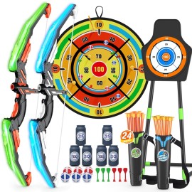HYES 2 Pack Kids Bow and Arrow with 29 Large Dart Board, LED Light Up Archery Set with 24 Suction Cup Arrows, Indoor Outdoor Sport Toys Gifts for 3 4 5 6 7 8 9 10 11 12 Year Old Boys Girls