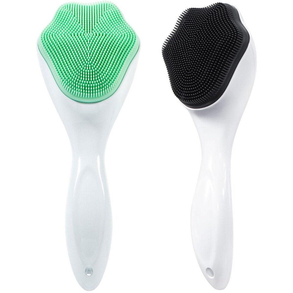 Beomeen Silicone Face Scrubber Exfoliating Brush, 2 Pack Manual Handheld Facial Cleansing Brush Blackhead Scrubber, Soft Bristles Waterproof for Face Skincare (Green,Black White)