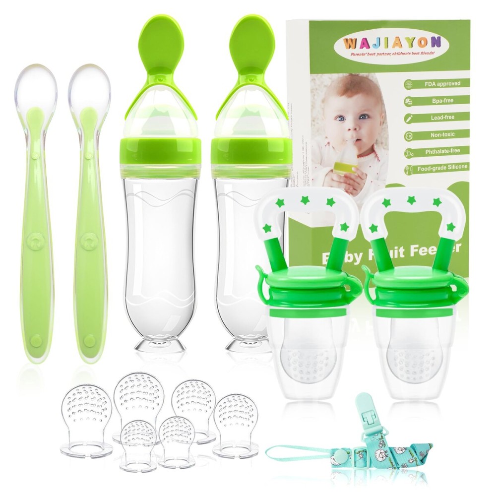 WAJIAYON Baby Fruit Feeder Pacifier - 6 Pack | 2 Infant Food Feeder Pacifier & 2 Baby Food Dispensing Spoon | Fresh Fruit Teethers for Babies | Silicone Feeder Babies,Infant Teething Feeders (Green)
