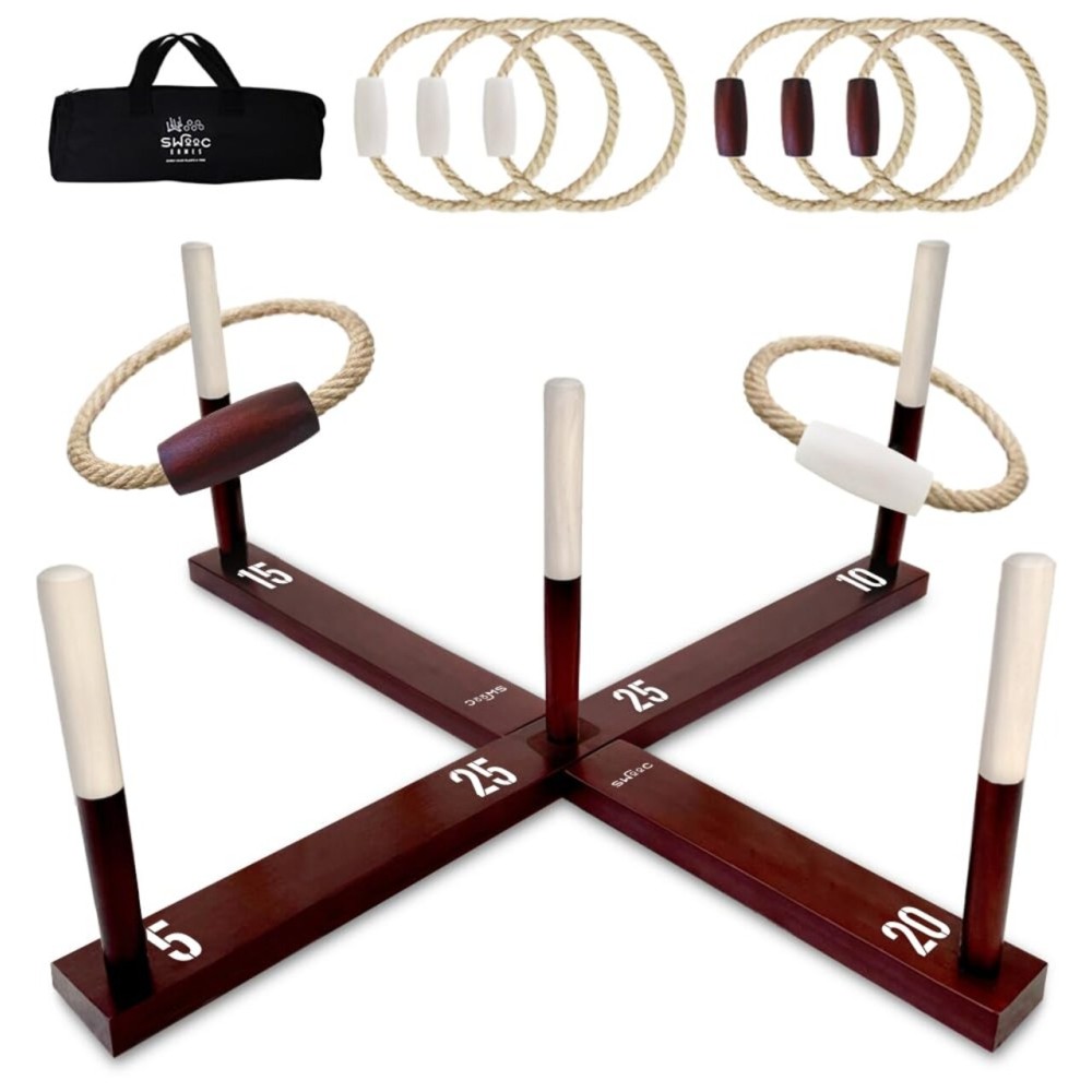 SWOOC Games - Rustic Ring Toss Game (All Weather) - Easy Setup & Extra Games Included - Ring Toss Game for Adults - Outdoor Acitivities for Adults - Yard Toys for Kids - Backyard Fun - Outdoor Party