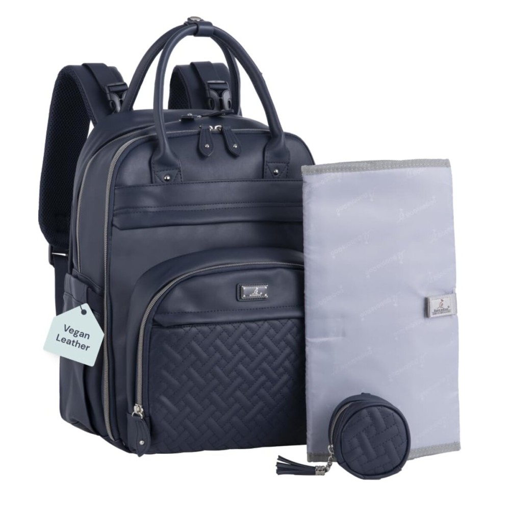 BabbleRoo Leather Diaper Bag Backpack - Baby Essentials Travel Baby Bag, Multi function, with Changing Pad, Stroller Straps & Pacifier Case - Unisex, Midnight Blue
