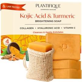 PLANTIFIQUE Kojic Acid Soap for Hyperpigmentation 4 Bars with Mesh Bag - Turmenic Soap with Hyaluronic Acid, Collagen, Vitamin C for Dark Spots - Vegan Skincare, 320g / 11.28 oz