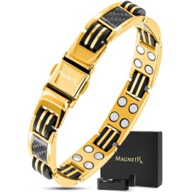 MagnetRX Magnetic Bracelets for Men - Effective Mens Magnetic Bracelet with Carbon Fiber Inlay - Adjustable Length with Included Sizing Tool(Gold)