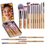 BS-MALL Travel Makeup Brush Set Foundation Powder Concealers Eye Shadows Makeup Set with LED light Mirror 14 Pcs (B-Bamboo)