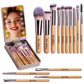 BS-MALL Travel Makeup Brush Set Foundation Powder Concealers Eye Shadows Makeup Set with LED light Mirror 14 Pcs (B-Bamboo)