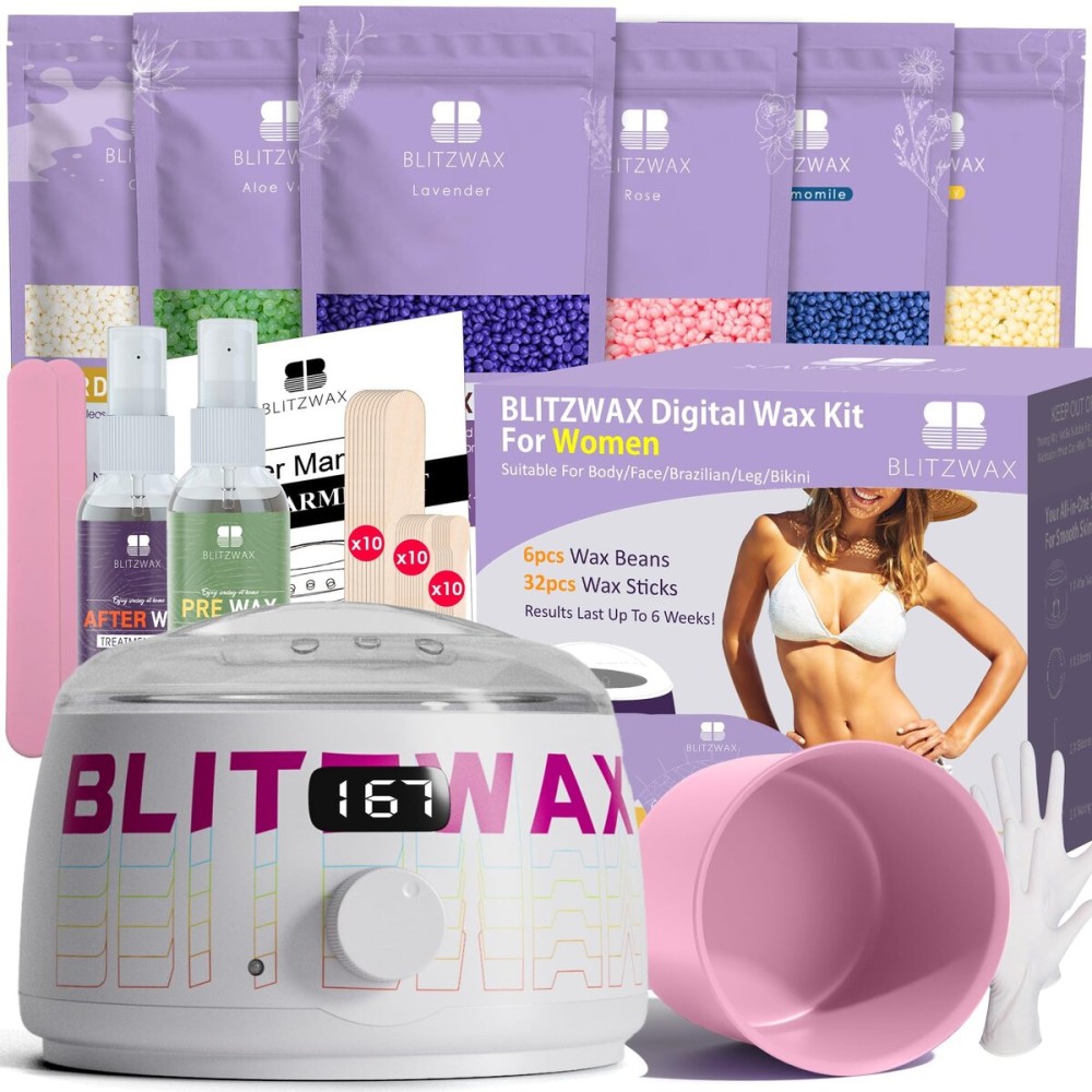 BLITZWAX Brazilian and Bikini Waxing Kit for Women, Hard Wax Warmer for Face, Legs, and Body, At Home Hair Removal Kit, Beginner Friendly, Quick Heating, Frost Reverb Digital Wax Pot