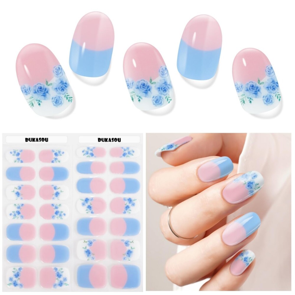 DUKASOU Semi Cured Gel Nail Strips, Blue Rose French | 28 pcs Chinese Style Gel Nail Strips Work with Any UV Lamp, Salon Quality New Chinese Nail Stickers, Include Prep Pads, Nail File&Wood Stick