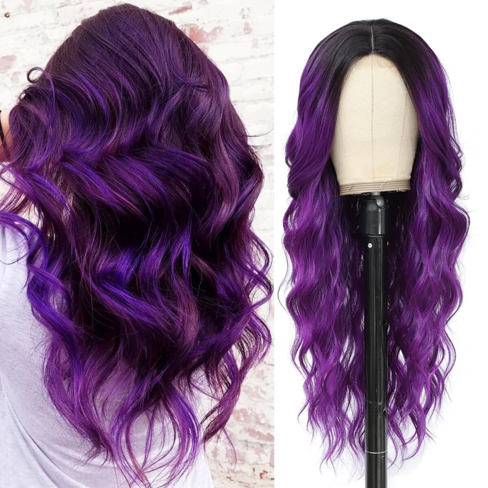 Long Ombre Purple Wig for Women 26Inch Mixed Dark Purple Wavy Curly Hair Wigs Synthetic Hair Replacement Wig Heat Resistant Hair Wig for Daily Party Use(26\'\' Dark Purple)