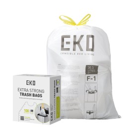 EKO 8 Gallon / 30.3 Liter,100 Count Drawstring Trash Bags, Extra-Strong Unscented Garbage Bags, Easy-Dispense Roll for Kitchen & Household Use, Resists Tears, Leaks and Punctures, Code F-1, White