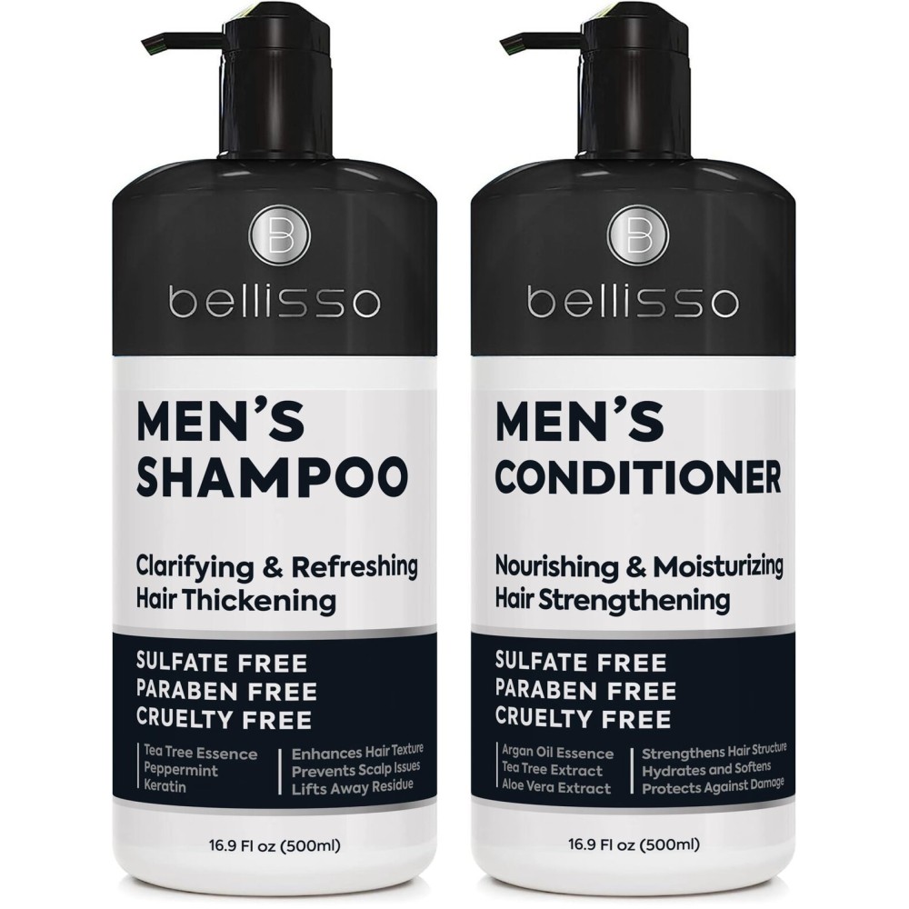 Mens Shampoo and Conditioner Set - Sulfate Free and Clarifying - For Men with Oily to Normal Hair - Moisturizing and Thickening - Biotin, Keratin, Tea Tree Oil, Caffeine and Peppermint for Dandruff