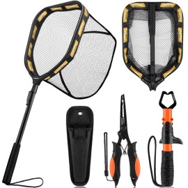 PLUSINNO Floating Fishing Net for Steelhead, Salmon, Fly, Kayak, Catfish, Bass, Trout Fishing, Rubber Coated Foldable Landing Net with Fixed or Telescoping Pole Handle, Fishing Gear and Gifts for Men