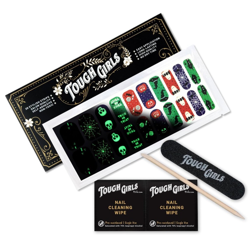 TOUGH GIRLS | 20 Exquisite Gel Nail Polish Strips w/Application Accessories - No UV/LED Lamp Required (Holiday | Trick or Treat | Glow-in-The-Dark)