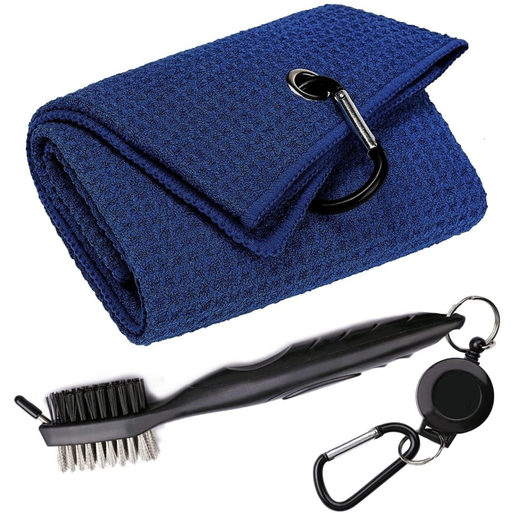 Aebor Golf Towels, Microfiber Waffle Pattern Tri-fold Golf Towel - Brush Tool Kit with Club Groove Cleaner, with Clip Men Women Golf Gifts (Navy Blue Towel+Black Brush)