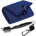 Aebor Golf Towels, Microfiber Waffle Pattern Tri-fold Golf Towel - Brush Tool Kit with Club Groove Cleaner, with Clip Men Women Golf Gifts (Navy Blue Towel+Black Brush)