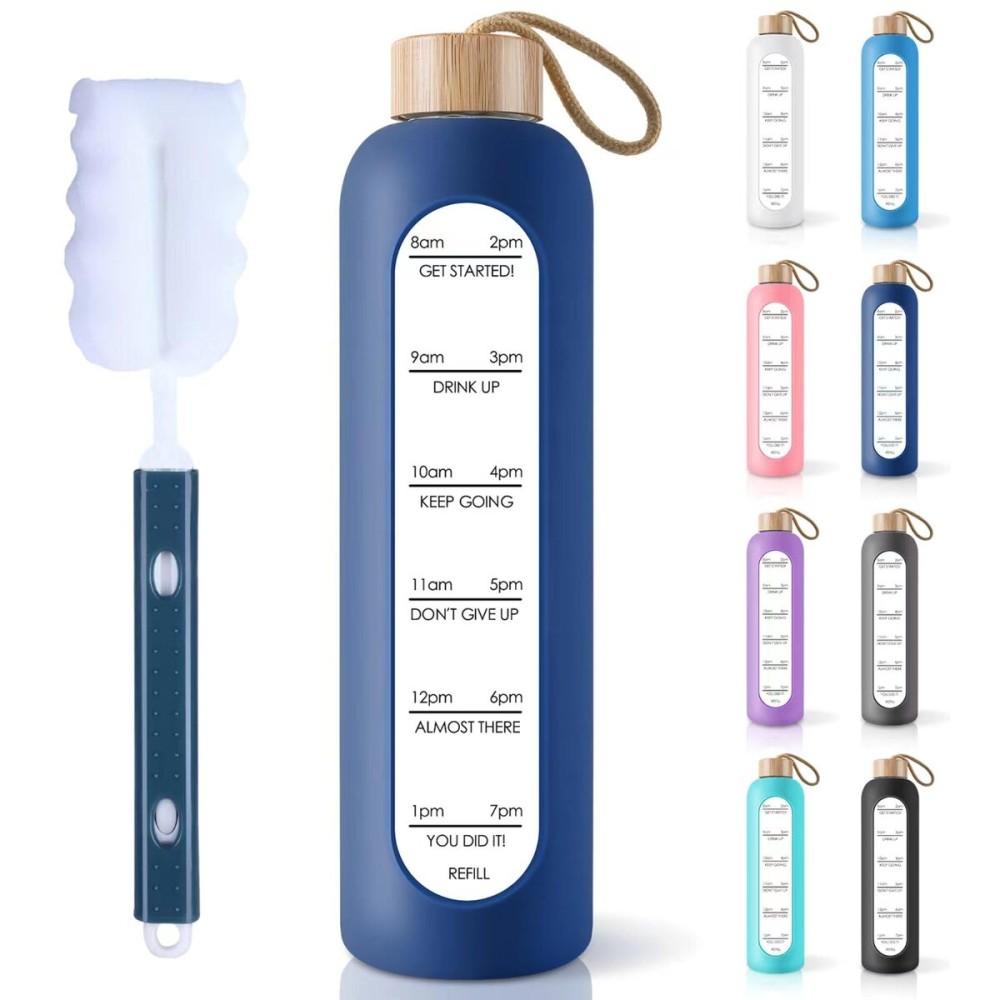 PROBTTL 25 oz Glass Water Bottles - Time Marker Motivational Borosilicate Glass Water Bottle With Silicone Sleeve and Bamboo Lid, Leak Proof, Reusable, BPA Free (Navy Blue)