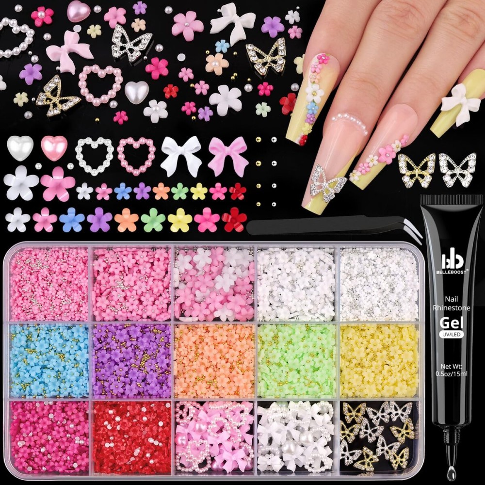 3D Flower Nail Charms with Rhinestone Glue Gel for Nail Art, Cute Colorful Acrylic Petal with Caviar Beads and Flatback Pearls, Butterfly Nail Charms + Pearl Nail Charm (Bow + Heart) Nail Decor