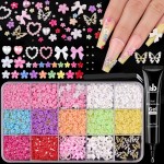 3D Flower Nail Charms with Rhinestone Glue Gel for Nail Art, Cute Colorful Acrylic Petal with Caviar Beads and Flatback Pearls, Butterfly Nail Charms + Pearl Nail Charm (Bow + Heart) Nail Decor