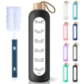 PROBTTL 25 oz Glass Water Bottles - Time Marker Motivational Borosilicate Glass Water Bottle With Silicone Sleeve and Bamboo Lid, Leak Proof, Reusable, BPA Free (Black)