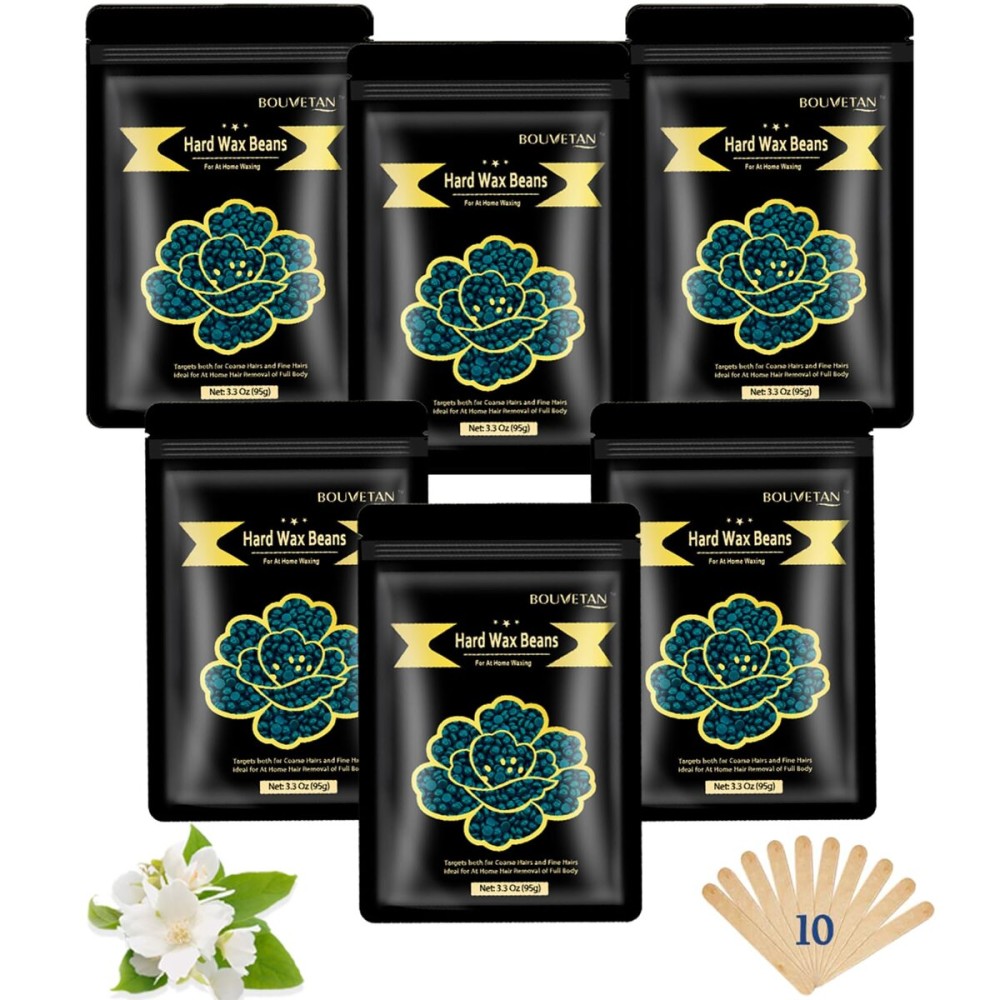 Hard Wax Beads, Bouvetan 1.3Lb/21oz Wax Beads for Brazilian Waxing, Hard Waxing Beans for Eyebrow, Face, Bikini for Women Men Hair Removal with 10pcs Spatulas, 6 Packs (Jasmine)