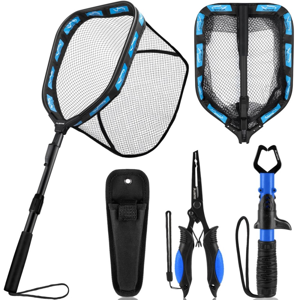 PLUSINNO Floating Fishing Net for Steelhead, Salmon, Fly, Kayak, Catfish, Bass, Trout Fishing, Rubber Coated Foldable Landing Net with Fixed or Telescoping Pole Handle, Fishing Gear and Gifts for Men