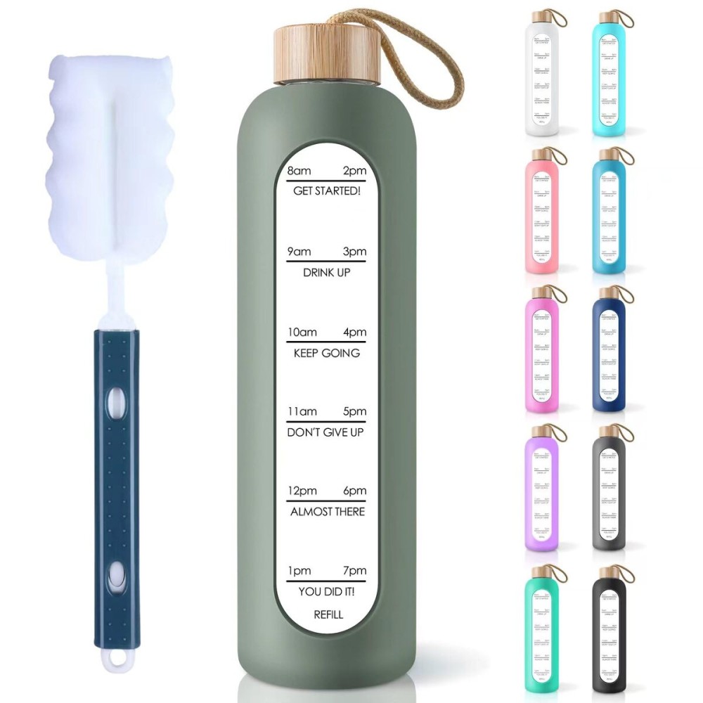PROBTTL 25 oz Glass Water Bottles - Time Marker Motivational Borosilicate Glass Water Bottle With Silicone Sleeve and Bamboo Lid, Leak Proof, Reusable, BPA Free (Olive)