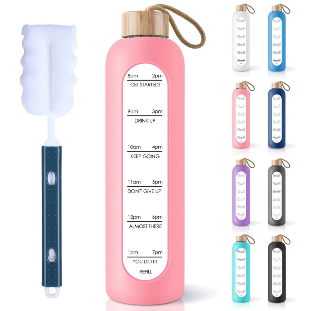 PROBTTL 25 oz Glass Water Bottles - Time Marker Motivational Borosilicate Glass Water Bottle With Silicone Sleeve and Bamboo Lid, Leak Proof, Reusable, BPA Free (Pink)