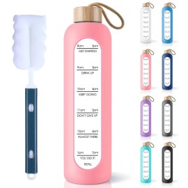PROBTTL 25 oz Glass Water Bottles - Time Marker Motivational Borosilicate Glass Water Bottle With Silicone Sleeve and Bamboo Lid, Leak Proof, Reusable, BPA Free (Pink)