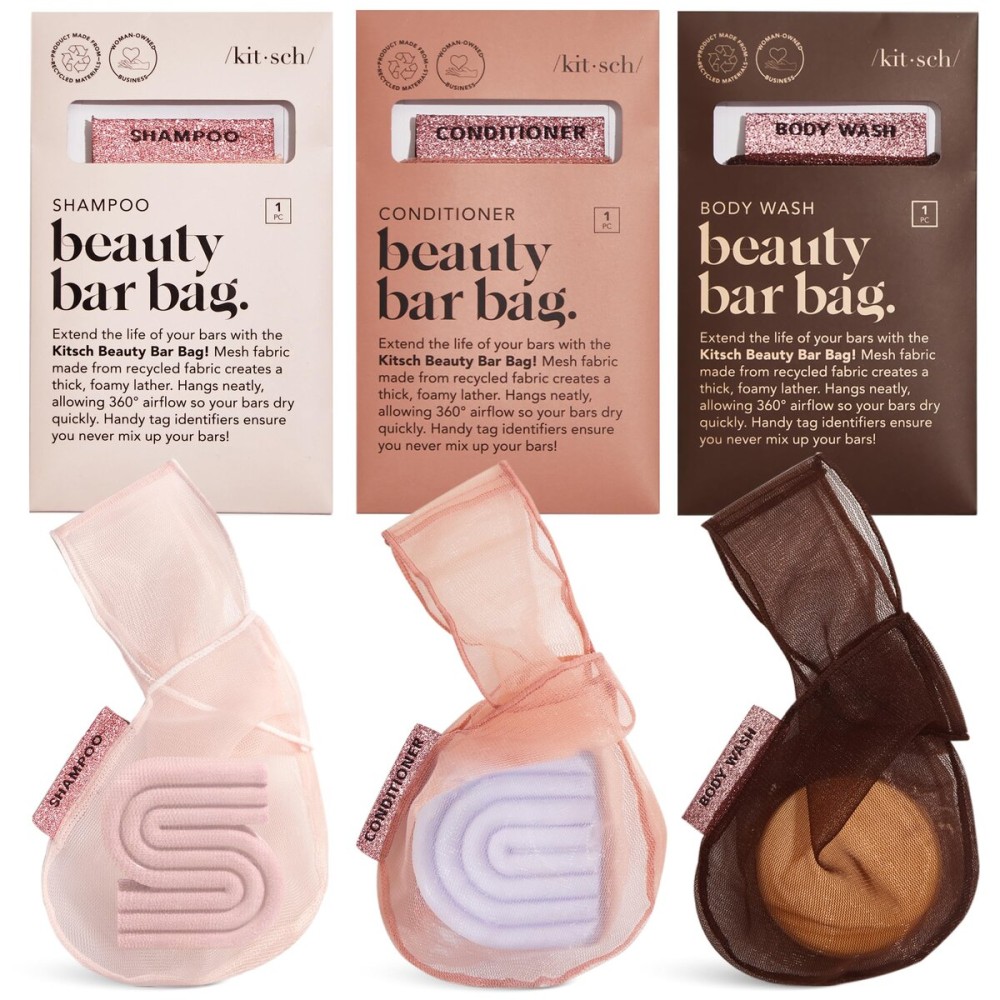 Kitsch Bar Soap Saver Bag - Patented Mesh Bag Soap Holder for Shampoo, Conditioner & Body Wash Bar - Extends Use & Prevents Soggy Mess - Recycled Mesh Pouch - Blush, Terracotta & Chocolate, 3pc Set