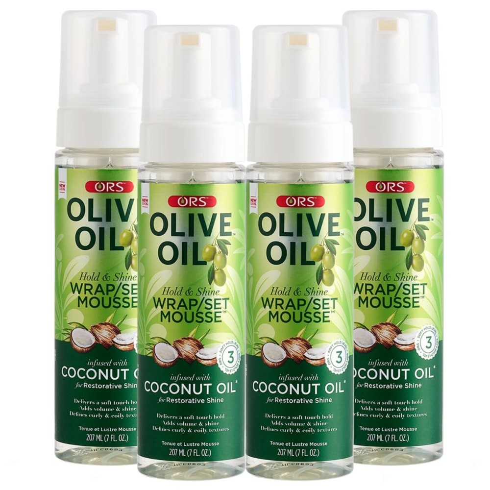 ORS Olive Oil Hold & Shine Wrap Set Mousse Infused with Coconut Oil for Restorative Shine 7 Ounce (Pack of 4)