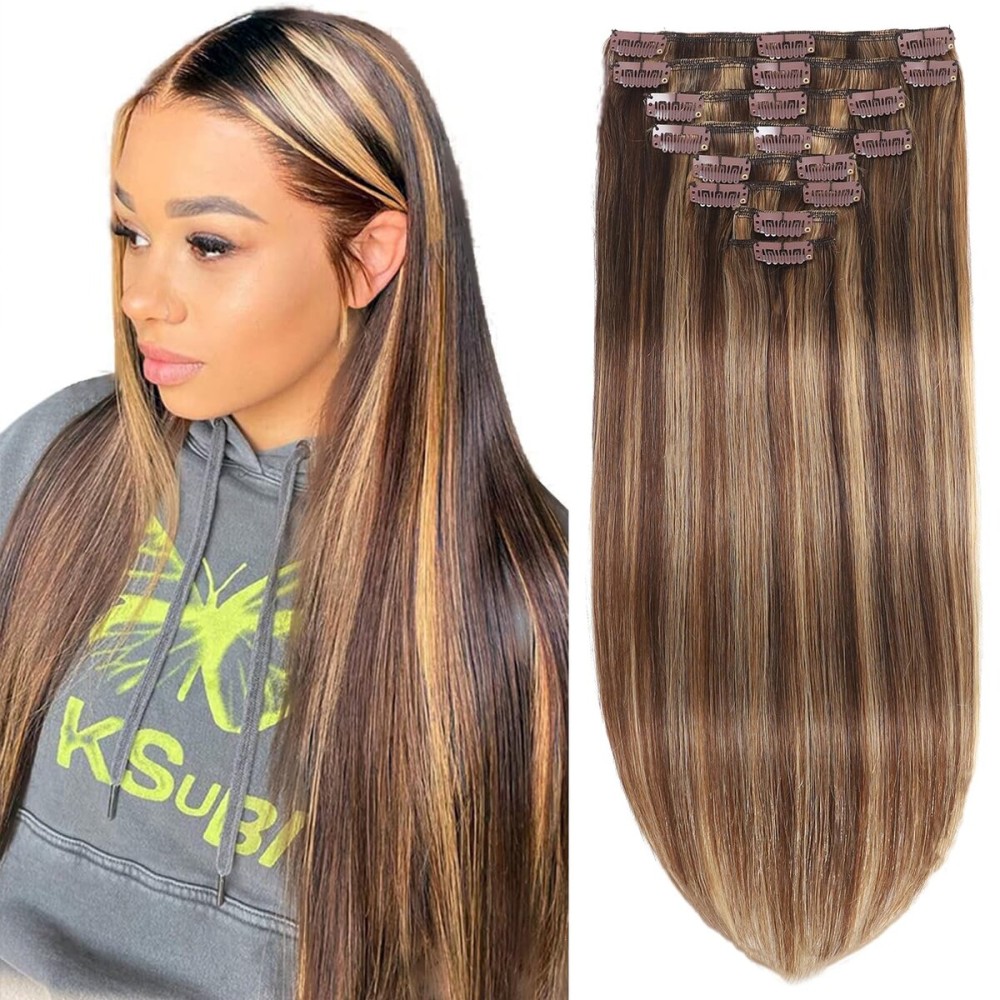 Clip in Hair Extensions Real Human Hair 4.2oz/120g 8pcs Chocolate Brown to Honey Blonde Human Hair Extensions Straight Double Weft Remy Human Hair for Black Women 20 Inch P427