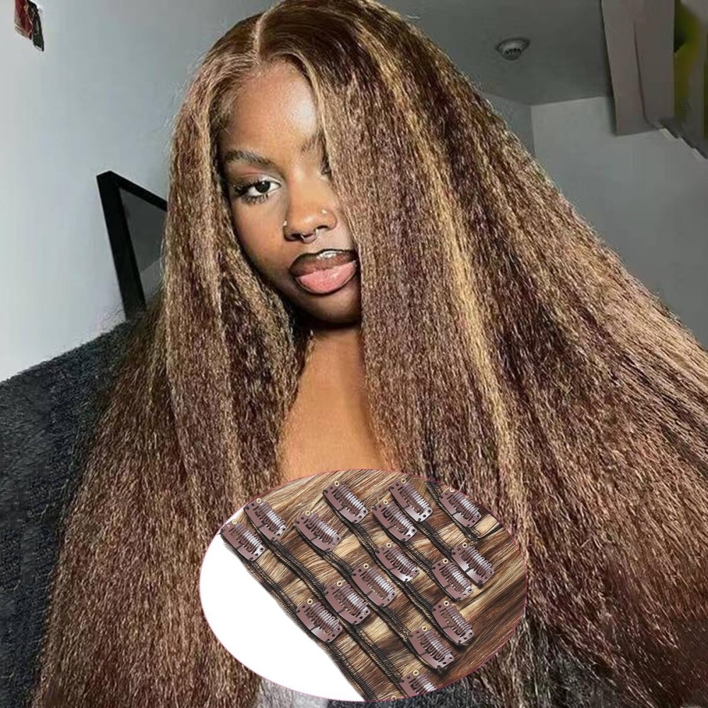 20inch 120g Clip in Hair Extensions Real Human Hair 8pcs with 18clips Chocolate Brown to Honey Blonde Kinky Straight Human Hair Extensions Straight Double Weft Remy Human Hair for Black Women