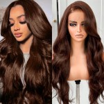 JINNOO Chocolate Brown Lace Front Wig Human Hair 28 Inch Brown Body Wave Lace Front Wigs Human Hair Pre Plucked 13x4 HD Lace Frontal Wigs 200 Density Glueless Wig