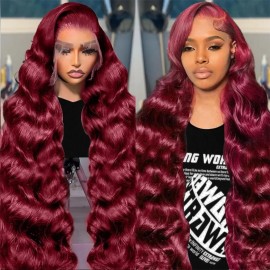 JTMMP 99J Burgundy Lace Front Wigs Human Hair 13x6 Body Wave Lace Front Wigs Human Hair Pre Plucked 200% Density Glueless Wine Red Lace Frontal Wigs for Women Reddish Brown 22Inch