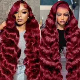 JTMMP 24 Inch 99J Burgundy Lace Front Wigs Human Hair Wine Red Colored Body Wave 13x6 HD Lace Frontal Wigs Human Hair Pre Plucked 200% Density