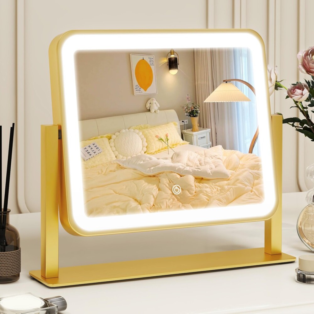 ROLOVE Gold Vanity Mirror with Lights, 1412 LED Makeup Mirror, Lighted Makeup Mirror with Lights, Smart Touch Control 3 Colors Dimmable, Lighted Up Mirror for Makeup Desk, 360 Rotation