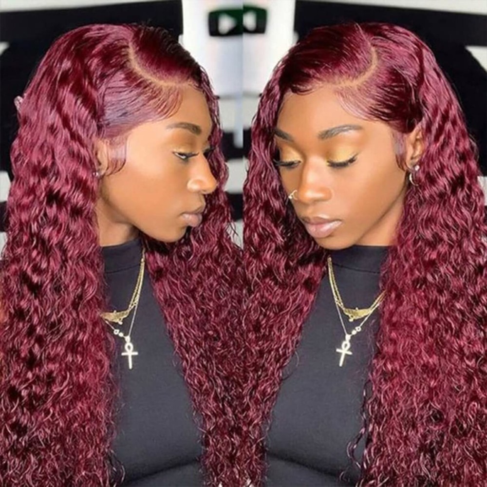 Bugtum 99j Burgundy Lace Front Wigs Human Hair Deep Wave Curly 13x4 Hd Lace Frontal Wigs for Black Women Human Hair Pre Plucked Wet and Wavy Red Colored 24 Inch