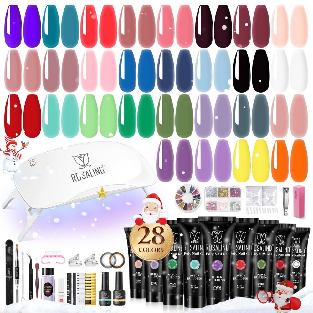 ROSALIND 28 Colors Poly Nail Gel Kit with Mini Lamp Clear Neon Christmas Poly Nail Gel Starter Kit for Beginners Halloween All Seasons Classic Colors with Everything