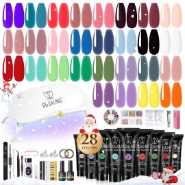 ROSALIND 28 Colors Poly Nail Gel Kit with Mini Lamp Clear Neon Christmas Poly Nail Gel Starter Kit for Beginners Halloween All Seasons Classic Colors with Everything