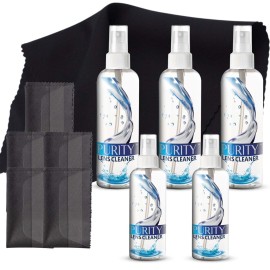 Purity Eyeglass Cleaner Mega Pack - Multi-Size Lens Cleaner Kit - 2x2oz, 3x8oz Bottles + 5 Black Premium Microfiber Cloths - Safe for All Lenses, Eyeglasses, and Screens - Streak-Free Formula